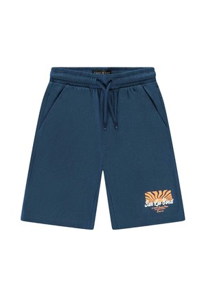 Donkerblauwe shorts gemaakt van zacht stof, voorzien van een elastische tailleband met trekkoord en zijzakken. Oranje grafische print aan de zoom.