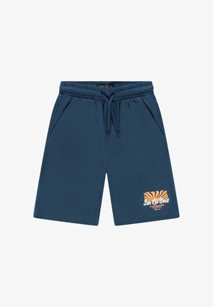 Donkerblauwe shorts gemaakt van zacht stof, voorzien van een elastische tailleband met trekkoord en zijzakken. Oranje grafische print aan de zoom.