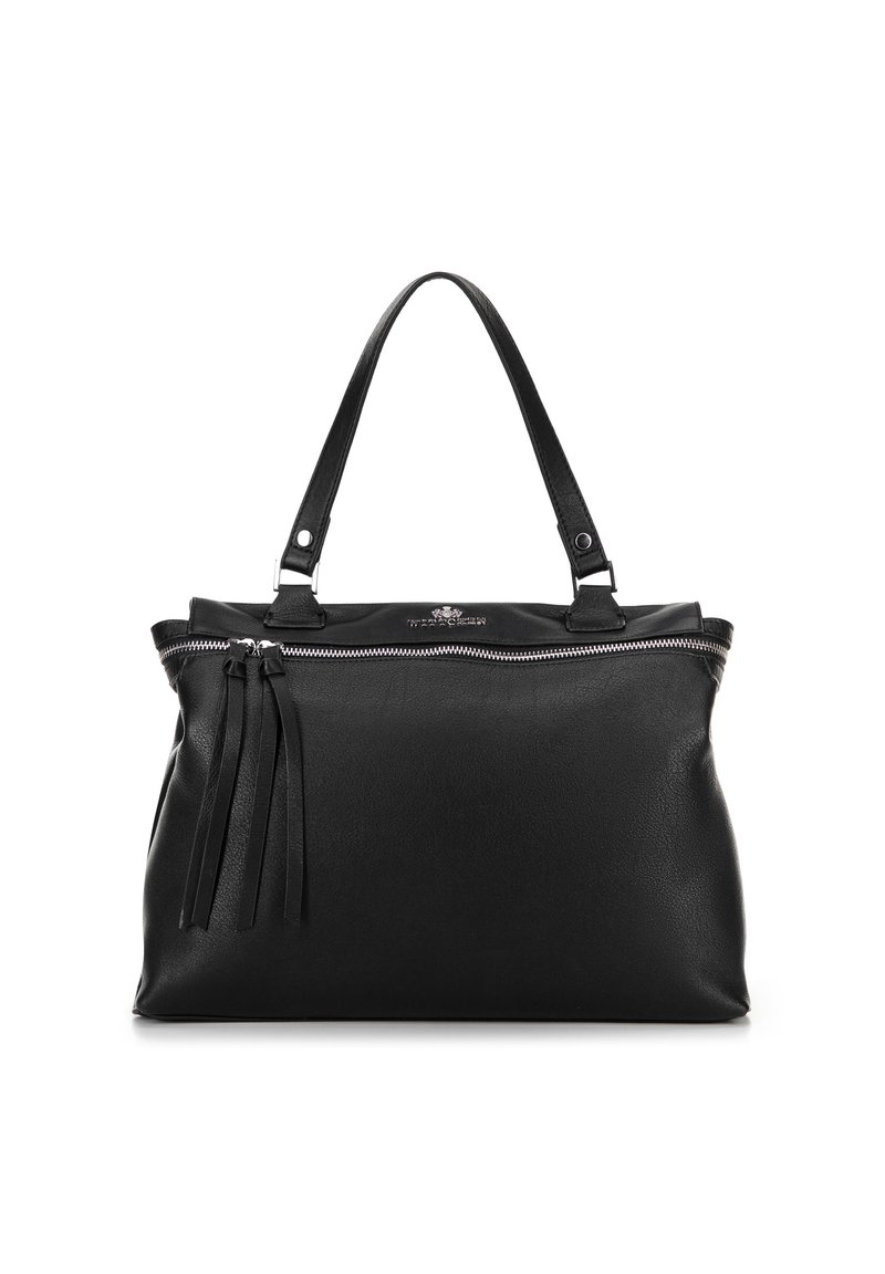 Borsa a mano nera in pelle con doppi manici superiori, chiusura con zip, dettaglio decorativo con frange e texture liscia. Presenta dettagli in metallo argentato.