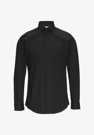 Schwarzes Langarmshirt aus glattem Stoff, mit einem Button-Down-Kragen, durchgehender Knopfleiste mit schwarzen Knöpfen und abgerundetem Saum.
