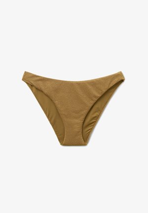 Braun strukturierte Bikinihose mit einfachem, niedrigem Schnitt und glattem Innenfutter vor weißem Hintergrund.