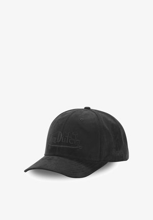 Casquette noire en tissu doux avec une texture légèrement brillante. Présente une visière courbée et un logo brodé "Von Dutch" de la même couleur.