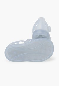 Transparent jelly sandal, featuring a flexible sole with rounded cutouts, a smooth textured surface, and adjustable strap detail.