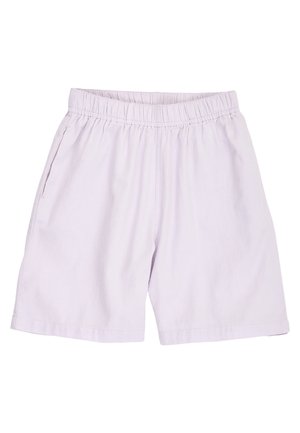 Hellviolette lässige Shorts mit elastischem Bund und Seitentaschen, dargestellt vor weißem Hintergrund.