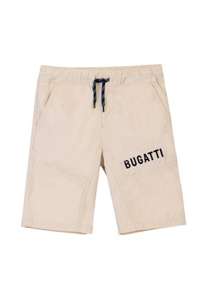 Pantaloni corti beige in cotone, con coulisse blu navy, tasche laterali e la parola "BUGATTI" in blu navy sulla gamba destra.