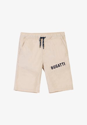 Beige shorts made of cotton, featuring a navy drawstring, side pockets, and the word “BUGATTI” in navy on the right leg.