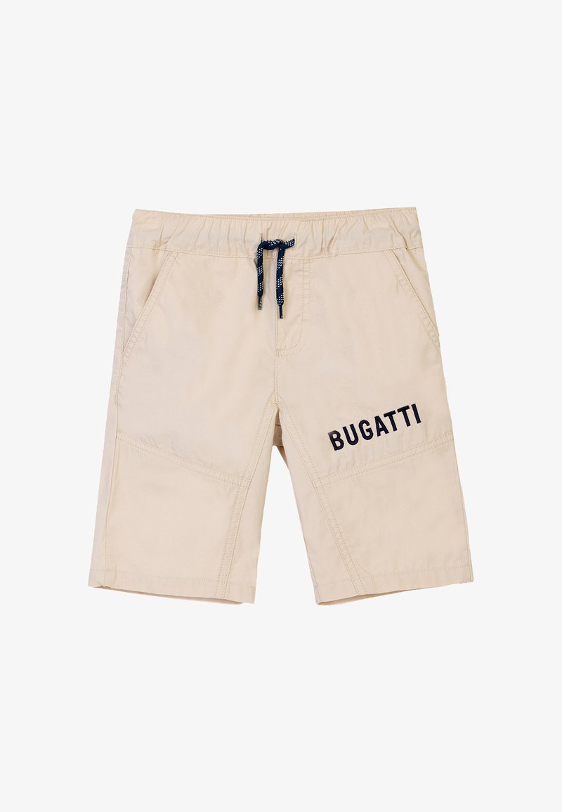 Pantaloni corti beige in cotone, con coulisse blu navy, tasche laterali e la parola "BUGATTI" in blu navy sulla gamba destra.