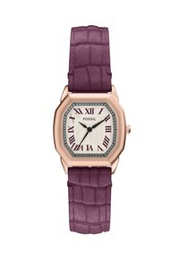 Achtzijdige Fossil-horloges met een roségouden kast, witte visgraat wijzerplaat, paarse krokodillenembossed leren band en Romeinse cijfers.