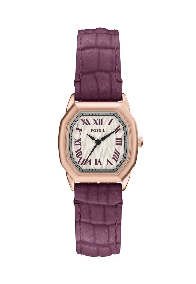 Achtzijdige Fossil-horloges met een roségouden kast, witte visgraat wijzerplaat, paarse krokodillenembossed leren band en Romeinse cijfers.