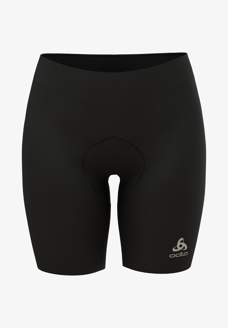 Black cycling shorts made from stretchy fabric, featuring a padded interior, high waistband, and a small logo on the lower right side.