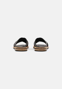 Sandales en cuir noir avec une semelle en liège, présentant un design ouvert et des brides incurvées. Légères avec un dessus texturé et un fond plat.