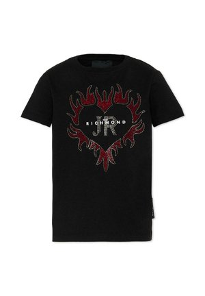 Czarny T-shirt z krótkim rękawem, z wzorem serca zdobionym kryształkami, obramowanym czerwonymi płomieniami oraz napisem „JK RICHMOND” wewnątrz serca.