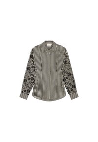 Zwart-wit gestreepte lange mouwen shirt met een effen gestreept patroon aan de voorkant en geborduurde details op de mouwen.