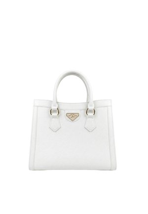 Weiße Lederhandtasche mit zwei Griffen, goldfarbenen Beschlägen und einer kleinen dreieckigen Logoplate vorne mit der Aufschrift "Marc Ellis".