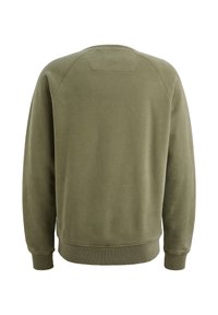 Olive green sweatshirt with long sleeves, ribbed cuffs, and hem. Soft texture with shoulder seam detailing and a rounded neckline.