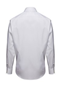 Camicia bianca a maniche lunghe con un sottile motivo a quadri, colletto classico e polsini con bottone. Tessuto liscio con una vestibilità strutturata.