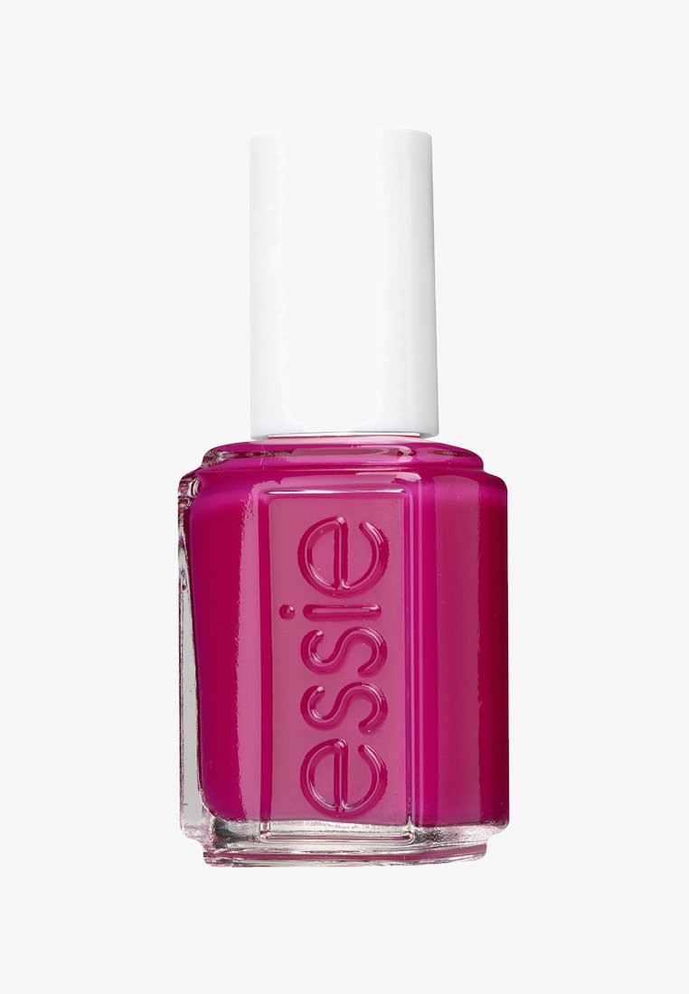 Vernis à ongles magenta dans un flacon en verre rectangulaire avec un capuchon blanc. Présente le nom de la marque "essie" en relief sur le côté.