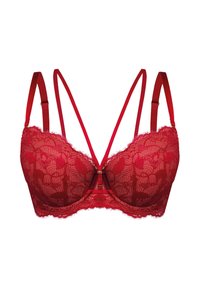 Czerwony koronkowy biustonosz o wyrafinowanym kroju, z falistym wykończeniem, centralnym złotym zapięciem i regulowanymi satynowymi paskami w stylu krzyżowym.