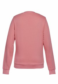 Sweat-shirt rose uni à manches longues avec poignets et ourlet côtelés, vu de dos sur fond blanc.