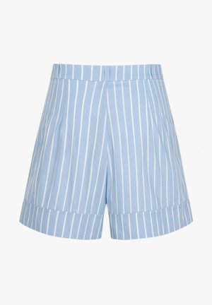Light blue striped shorts with a pleated front, cuffed hem, and tailored design, made from a smooth fabric. Vertical white stripes.