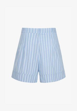 Lichtblauwe gestreepte shorts met een geplooide voorkant, omgeslagen zoom en op maat gemaakt ontwerp, gemaakt van een gladde stof. Verticale witte strepen.