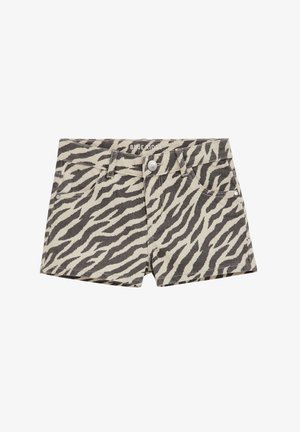 Bež in črni zebrin vzorčasti jeans kratke hlače z gumbom spredaj, zankami za pas in sprednjimi žepi, označene z Blue Ridge.