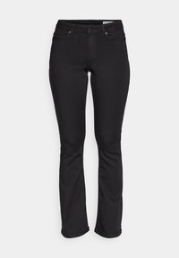 Μαύρα τζιν με εφαρμοστό μέσο, ίσια γραμμή και μέτριο ύψος. Κατασκευασμένα από τζιν με λεία υφή και χωρίς ορατά μοτίβα ή αξεσουάρ.