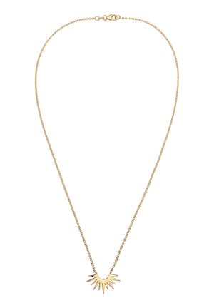 Gouden kettinghanger met een zonnestraalvormige hanger met puntige stralen die naar buiten uitsteken, op een witte achtergrond.