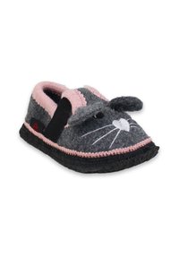 Grijze voelslibber met roze accenten, met een kattenontwerp, geborduurde neus en oren; elastische band voor een veilige pasvorm, zwarte rubberen zool.