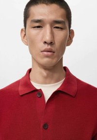 Polo rossa in maglia con colletto, caratterizzata da due bottoni frontali e tessuto a trama, indossata sopra uno strato base color crema.