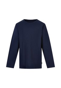 T-shirt à manches longues en coton doux de couleur bleu marine foncé. Encolure ronde, coupe régulière, épaules sans coutures et ourlet cousu. Sans motifs ni accents.