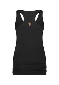 Svart linne med en åtsittande design, racerback-skärning och subtil ruching vid fållen. Har broderade detaljer i kontrasterande färg.