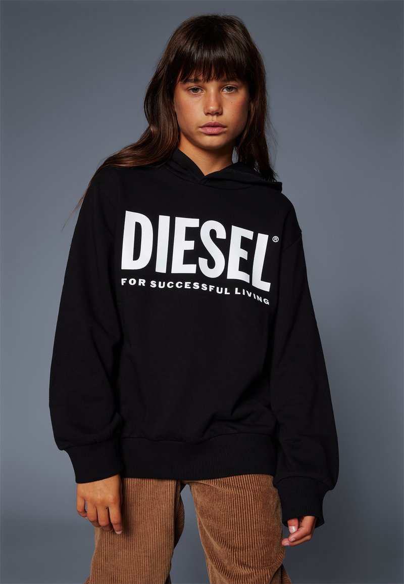Black hoodie with large white "DIESEL" logo and text "FOR SUCCESSFUL LIVING." Sweatshirt features a front pocket and ribbed cuffs.