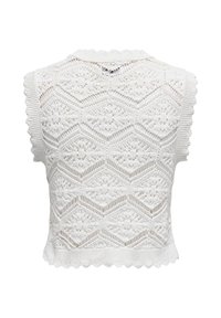 Top blanco de punto sin mangas con un patrón de encaje hexagonal, bordes ondulados y escote acanalado. El diseño trasero refleja los detalles del frente.