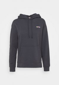 Sweat à capuche gris foncé avec poche avant, capuche à cordon et petit logo Levi's multicolore sur la poitrine gauche.