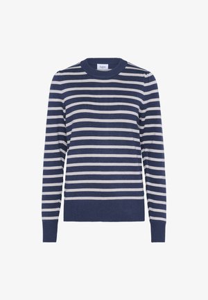 Tums zilas džemperis ar gaiši pelēkām horizontālām svītrām, ribota apaļa kakla izgriezums un garas piedurknes. Mīksta auduma, ikdienas stils, pieguļoša apakša un piedurknes.