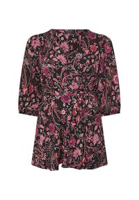 Abito a stampa floreale con base nera, caratterizzato da tonalità di rosa, rosso e verde. Maniche lunghe, design avvolgente e dettaglio con cintura sul punto vita.