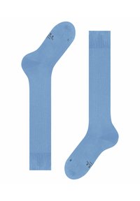 Calzini di cotone blu chiaro con una texture liscia, dotati di un tallone e una punta rinforzati, e polsini a costine per una vestibilità sicura.
