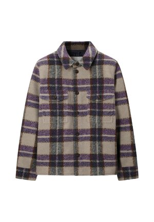 Beige, lila, graues und braunes kariertes Wolljackett mit Knöpfen, zwei Brusttaschen und klassischem Kragen.