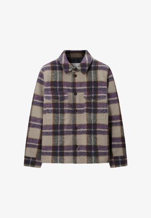 Beige, paarse, grijze en bruine geruite wollen jas met knopen, twee borstzakken en een klassieke kraag.