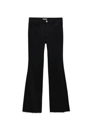 Jeans neri a campana con orlo grezzo, realizzati in tessuto denim. Presentano una chiusura a bottone e passanti per cintura. Tasche anteriori e posteriori incluse.