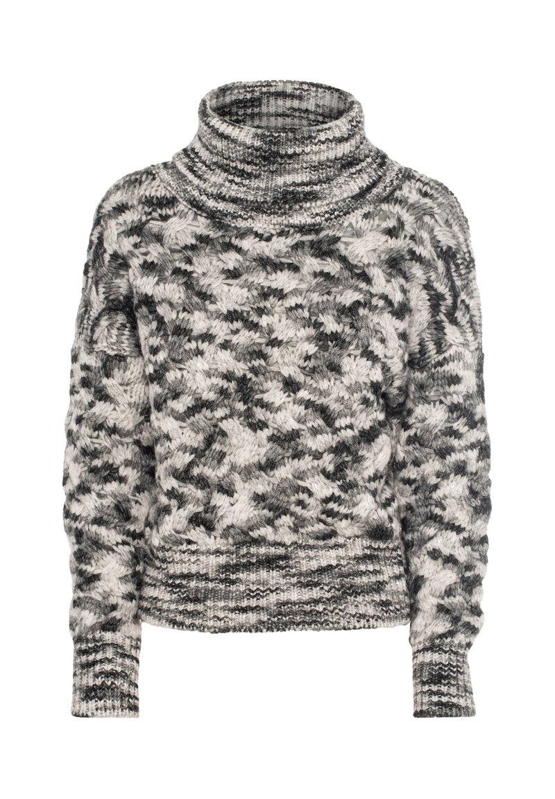 Maglione lavorato a maglia con collo alto, caratterizzato da un motivo a pois bianco e nero e polsini e orlo ribattuti. Texture morbida, vestibilità oversize.