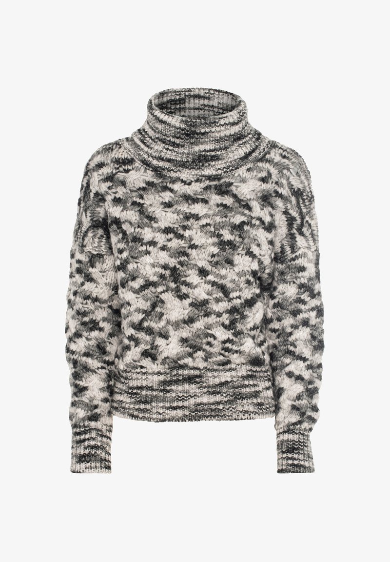 Strickpullover mit hohem Rollkragen, ausgestattet mit einem schwarz-weißen gesprenkelten Muster sowie gerippten Bündchen und Saum. Weiche Textur, oversized Passform.