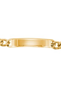 Bracciale in oro composto da maglie piatte e lucide con un centro rettangolare e liscio. La finitura è lucida e riflettente, con un design senza soluzione di continuità.