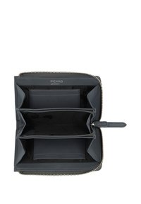 Zip-around wallet in dark gray leather. Features multiple card slots, two compartments, and a smooth texture with silver hardware accents.