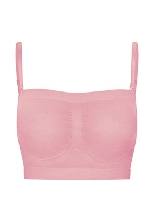 Lichtroze, strapless beha met verstelbare dunne schouderbandjes en zachte gevormde cups, ontworpen voor comfort en ondersteuning.