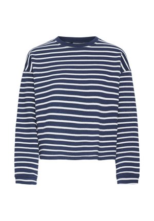 Maglietta a maniche lunghe di colore blu navy con righe orizzontali bianche, scollo a girocollo e orlo cropped. Il tessuto sembra morbido con una finitura testurizzata.