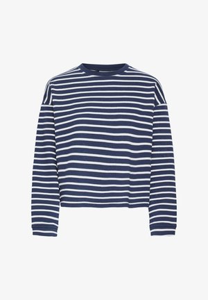Navy blue long-sleeve top with white horizontal stripes, crew neckline, and cropped hem. Fabric appears soft with a textured finish.