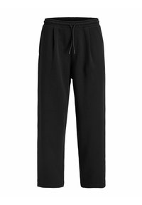 Pantalones de chándal negros hechos de un tejido suave, con una cintura elástica y cordón ajustable, corte holgado y tobillos con puños.