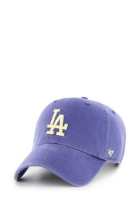 Purple baseball cap made of cotton with a curved brim, featuring an embroidered yellow "LA" logo on the front and a small "47" on the side.